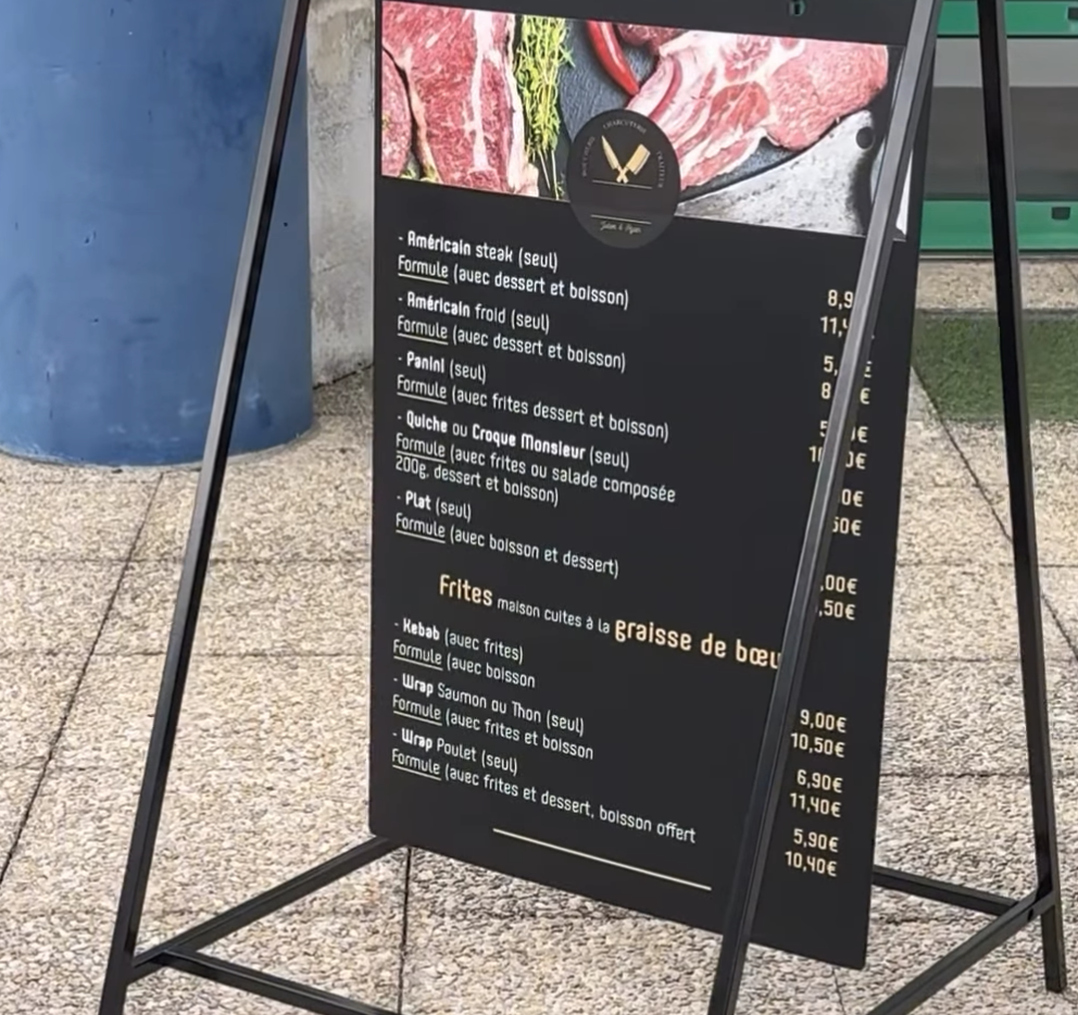 Panneau d'affichage des prix boucherie